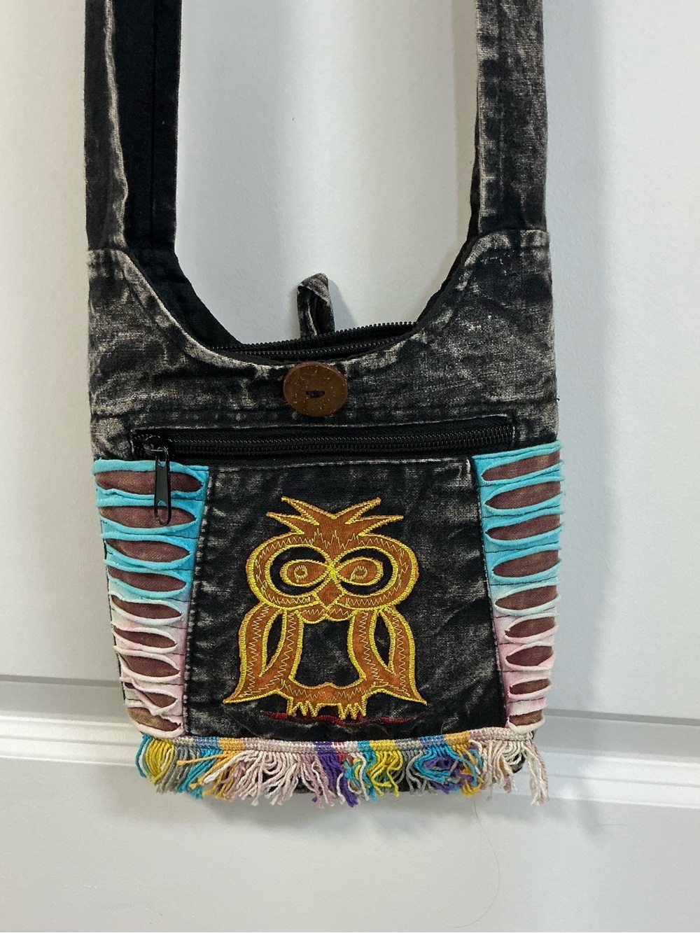 Vintage Boho Acid Wash Cotton Embroidered Owl Crossbody Bag Made in Nepal